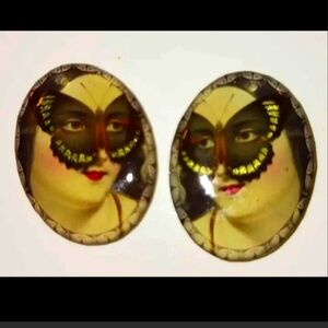 Pair Of Handmade "Lady with Butterfly Mask" Jewelry Components Beading Supplies